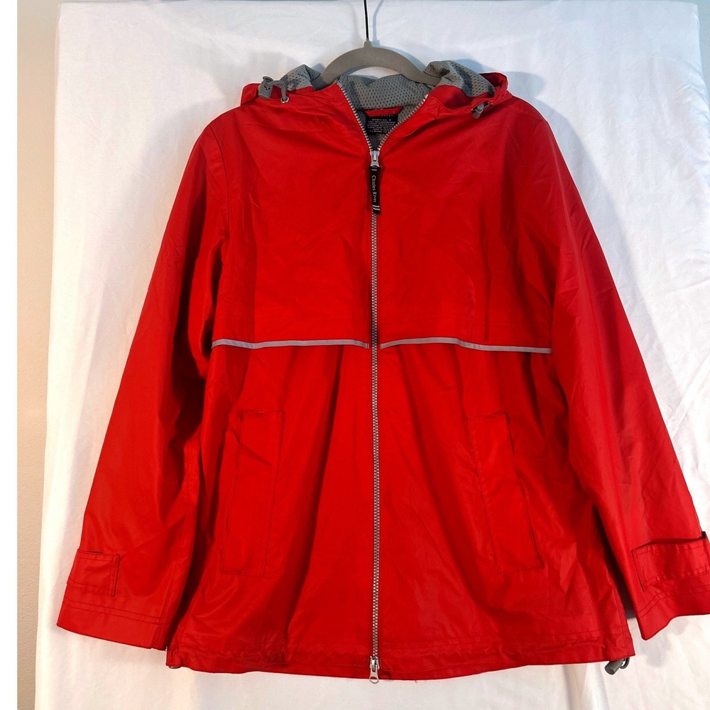 Charles River Apparel Womens Red Rain Jacket Reflective Stripe Hooded Size S